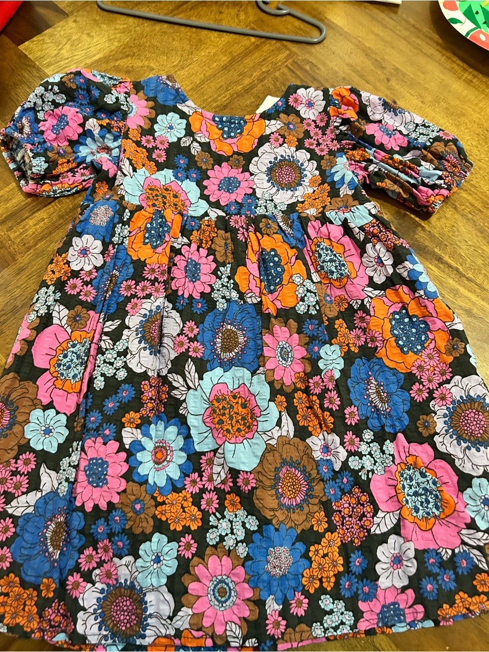 Girls Floral Puff-Sleeve Casual Dress in Multicolor